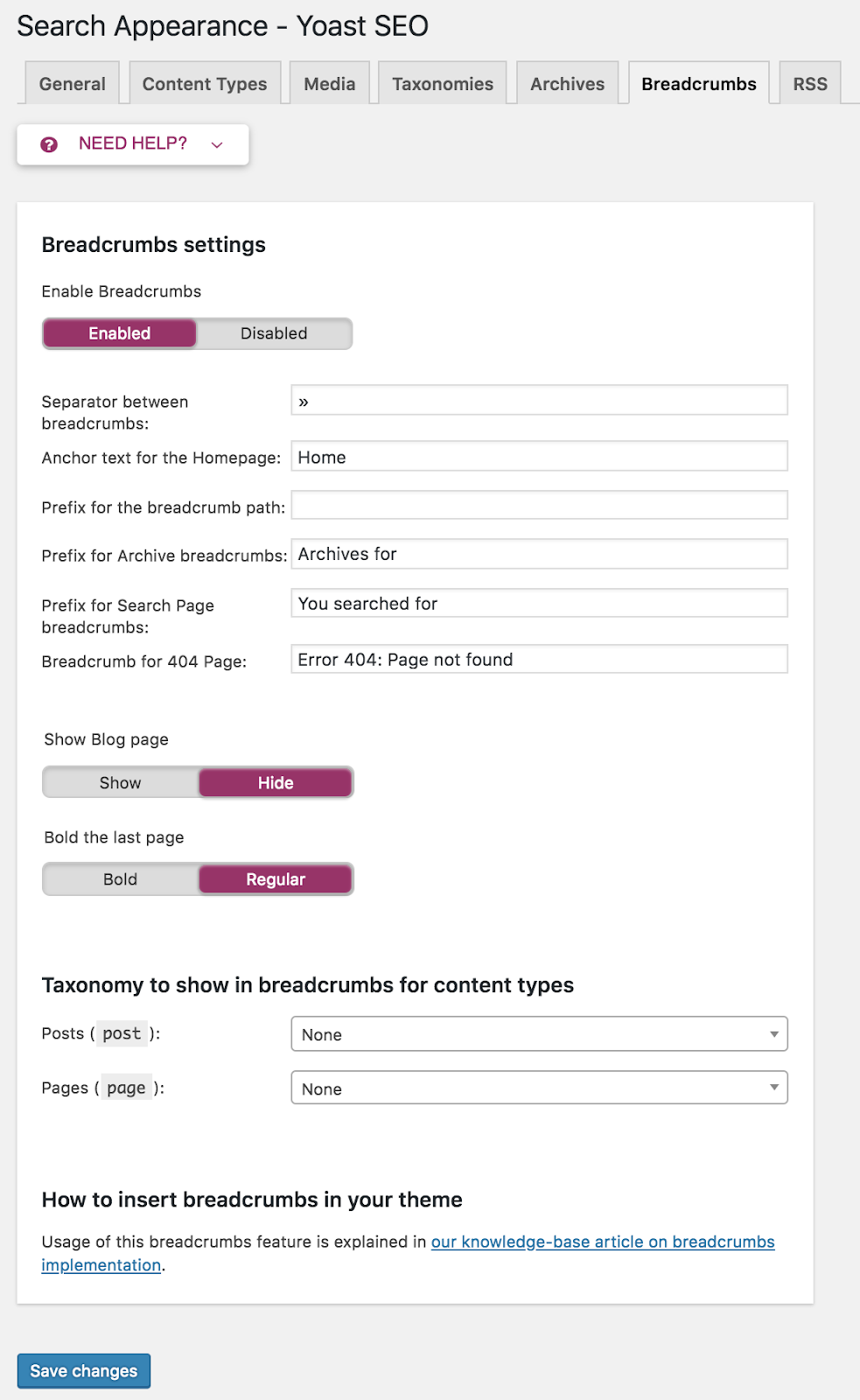 Switch Enable Breadcrumbs on Yoast