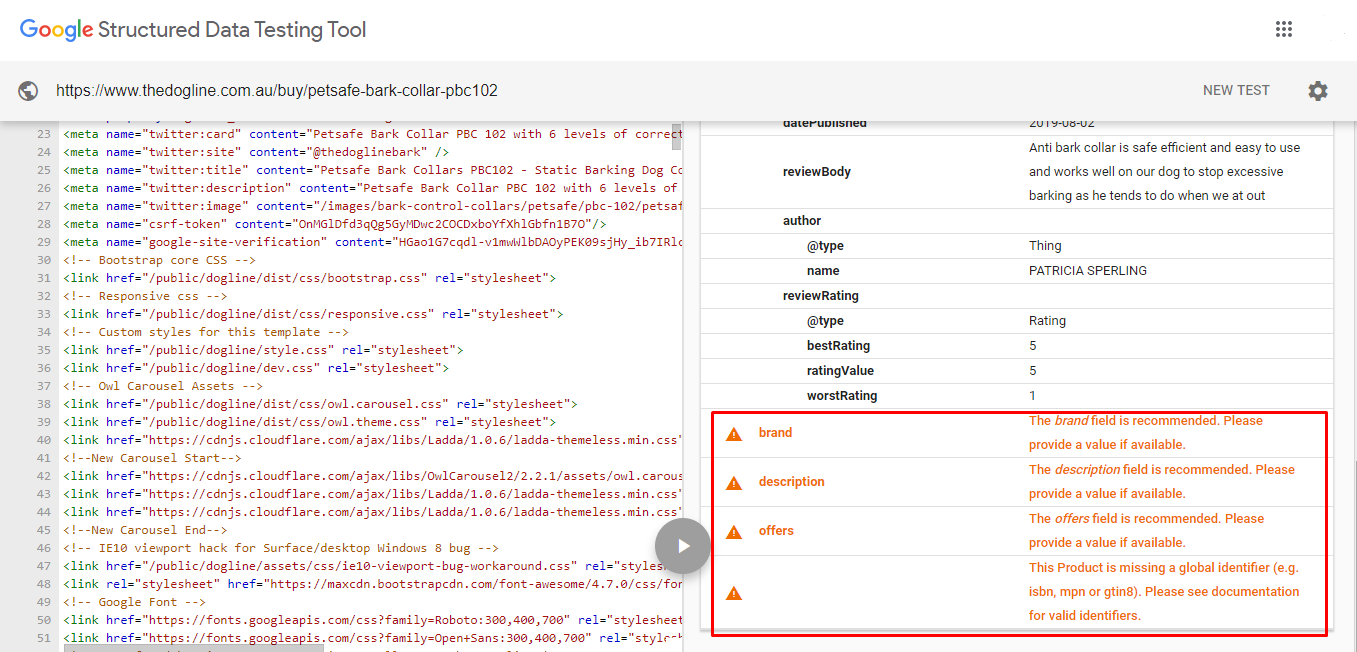 a screenshot of Google’s structured data testing tool showing errors for a product page