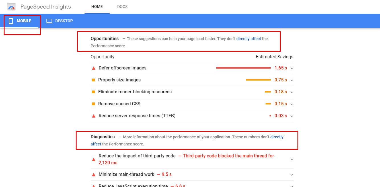 a screenshot of PageSpeed Insights recommendations on a website speed test on mobile devices