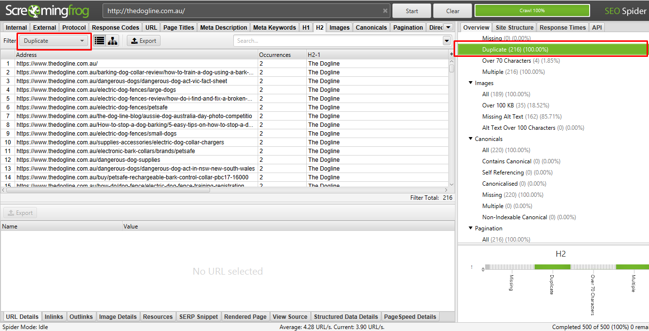 a screenshot of duplicate content found on an ecommerce site when running audit using Screaming Frog