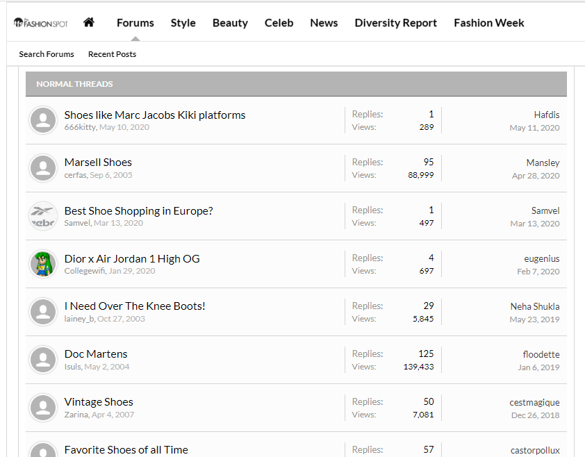 a screenshot of online forum threads about shoes